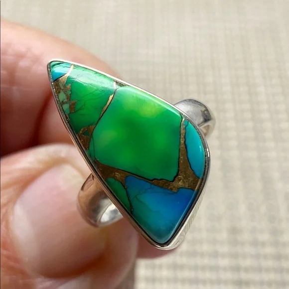 PEACOCK DAHLIA TURQUOISE Size 6 In Solid Sterling Silver 925 - Picture 3 of 7